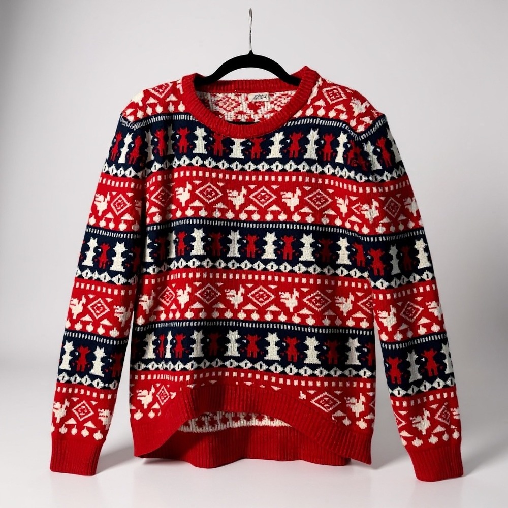 Ardene Women's Red‎ Navy White Reindeer Fair Isle Knit Sweater Size M
